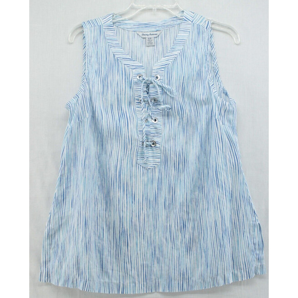 Tommy Bahama Top Beachy Women Small Blue Sleeveless Linen Lace Up Shirt Stripes - Picture 1 of 7